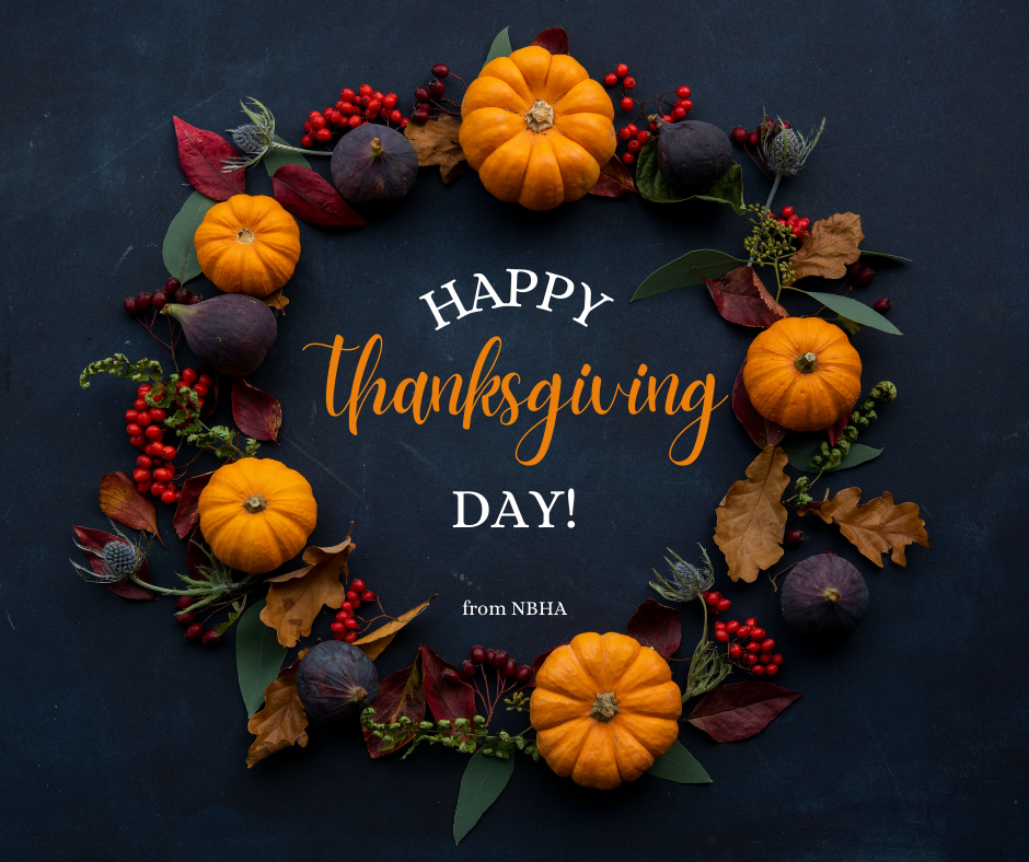 a pumpkin holiday wreath saying Happy Thanksgiving from NBHA